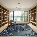 Ornate Blue Gold Seashell Baroque Medallion Rug