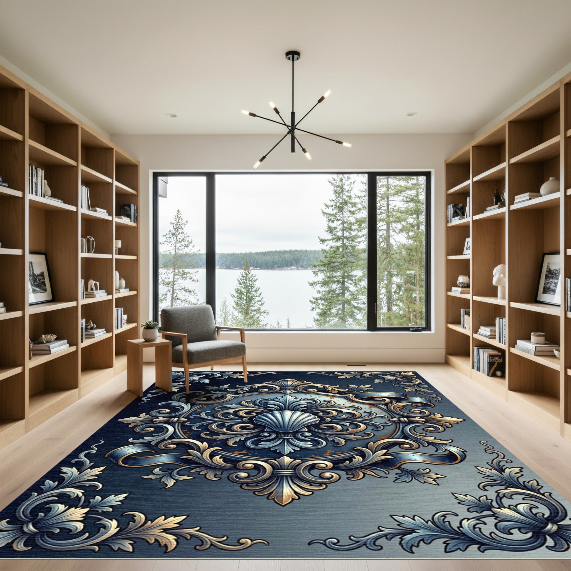Ornate Blue Gold Seashell Baroque Medallion Rug