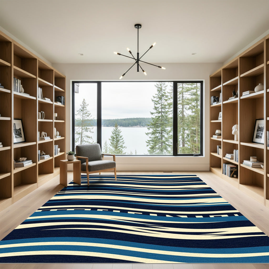 Modern Navy Blue Abstract Flowing Wave Rug