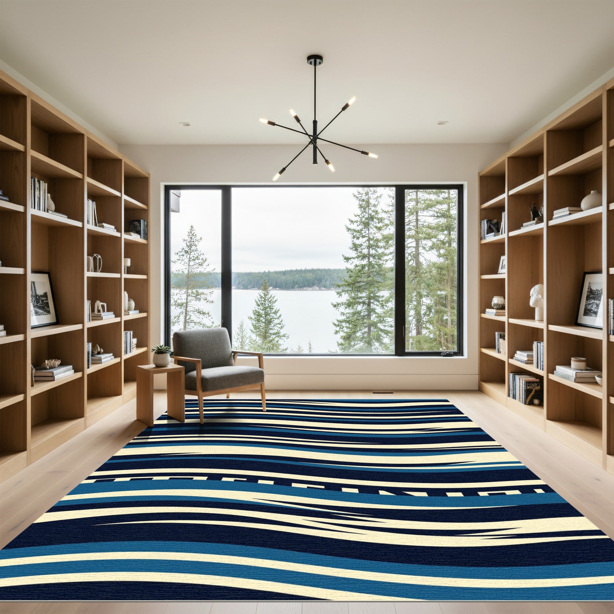 Modern Navy Blue Abstract Flowing Wave Rug