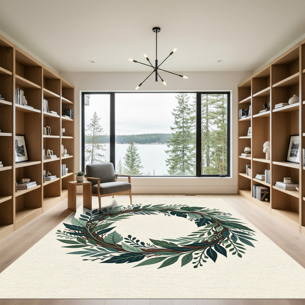 Lush Green Botanical Foliage Wreath Rug