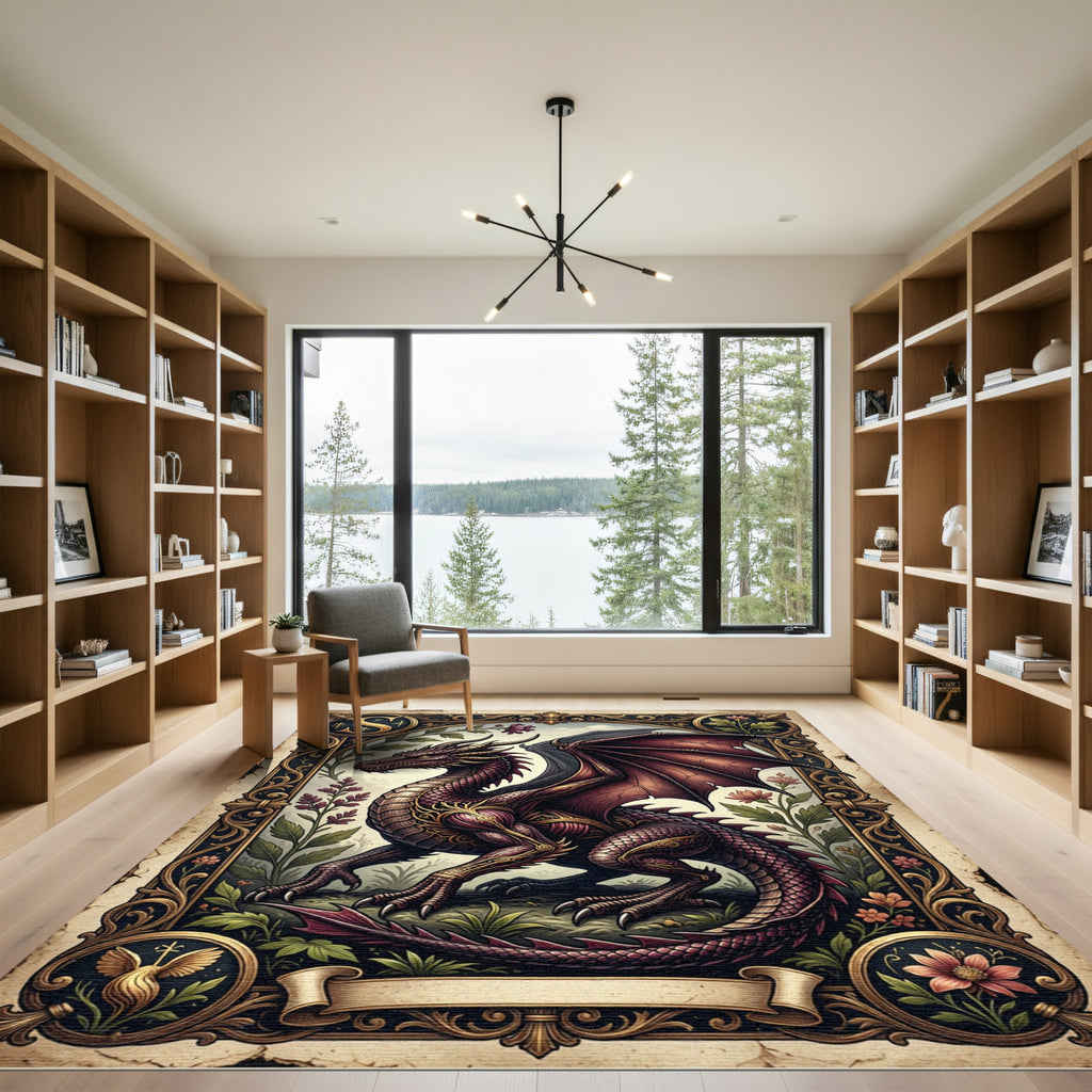 Dark Maroon Dragon Gilded Floral Art Rug
