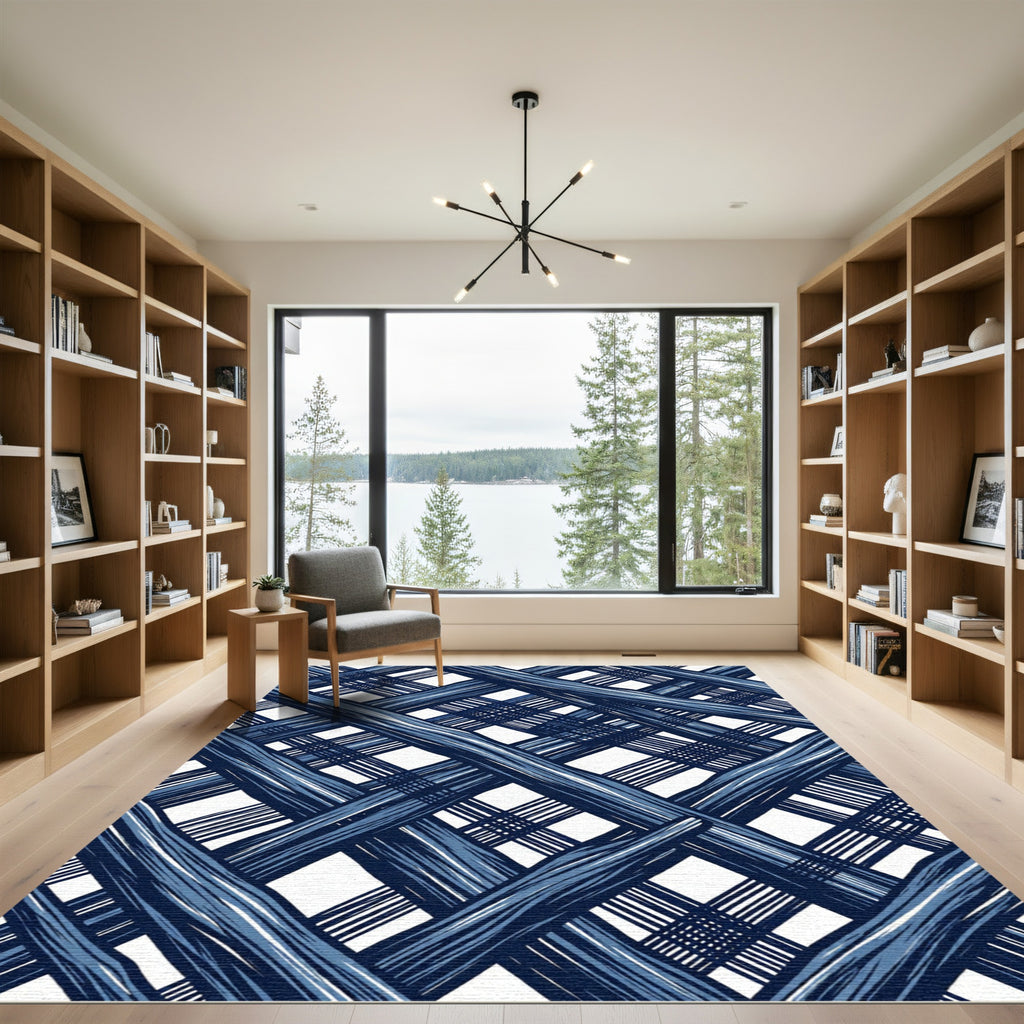 Navy Blue Intersecting Linear Grid Rug