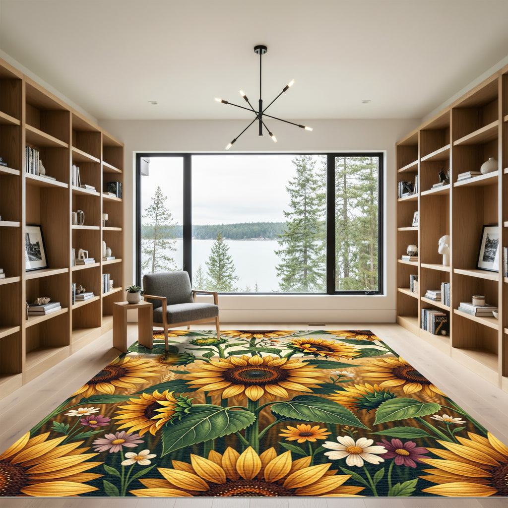 Golden Sunflower Field Floral Meadow Rug