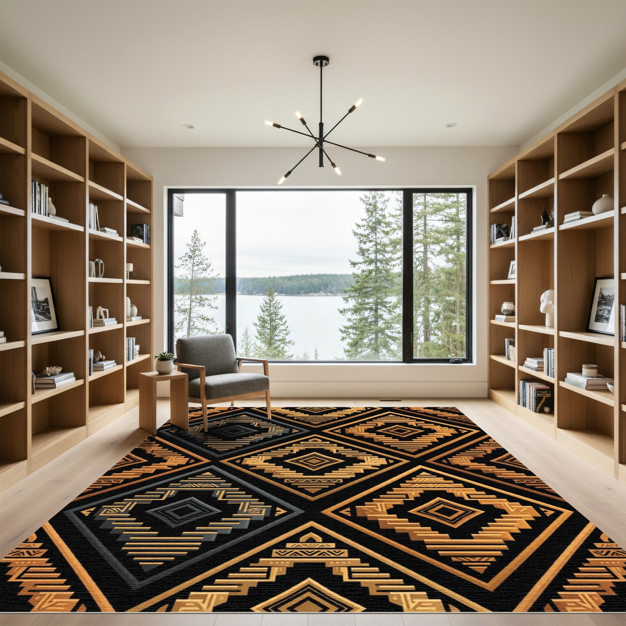 Gold and Charcoal Geometric Aztec Diamond Rug