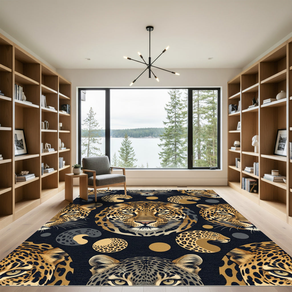 Gold Leopard Face and Spot Illustration Rug