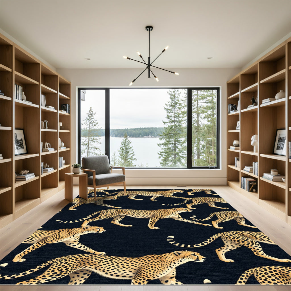 Golden Cheetah Spots Black Background Rug