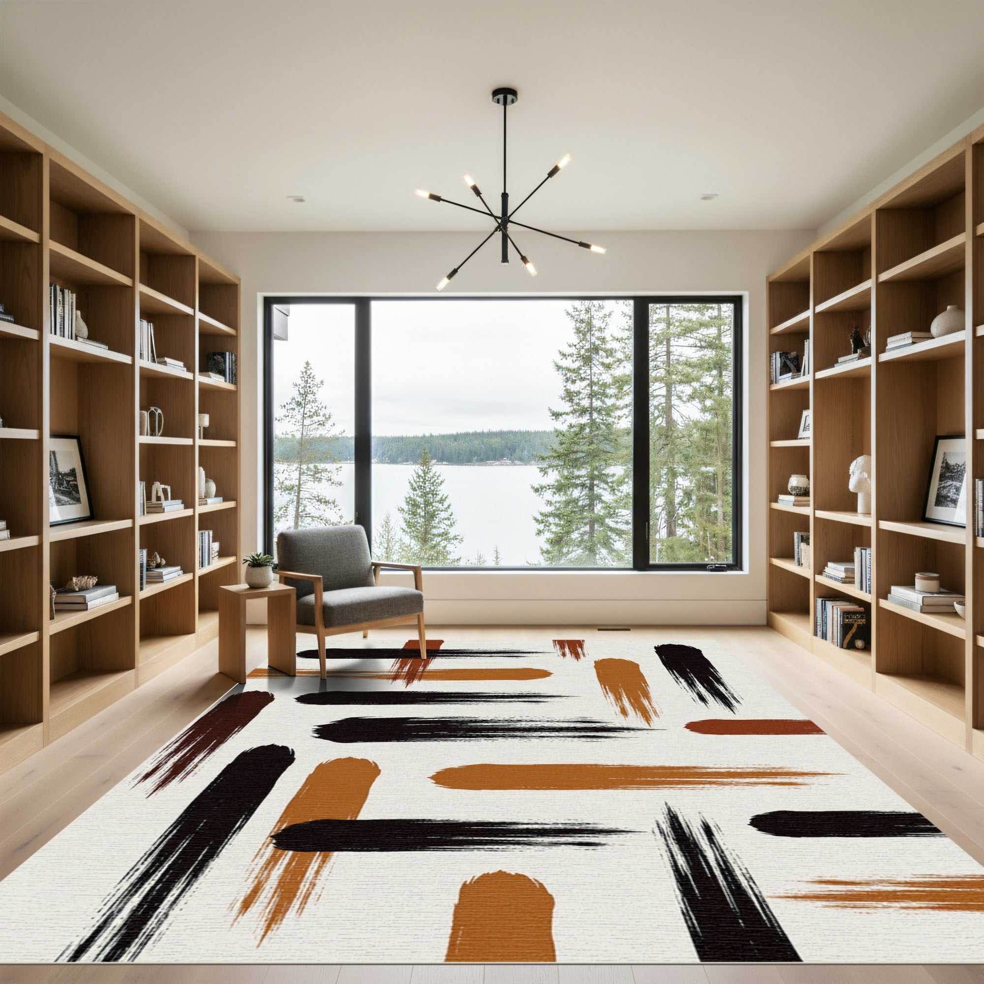 Modern Earthy Brown Black Abstract Brushstroke Rug