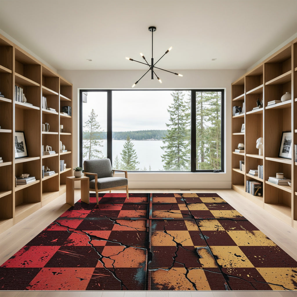 Crimson Amber Cracked Checkerboard Rug