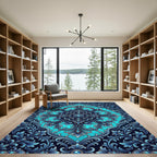 Deep Blue Baroque Floral Medallion Rug