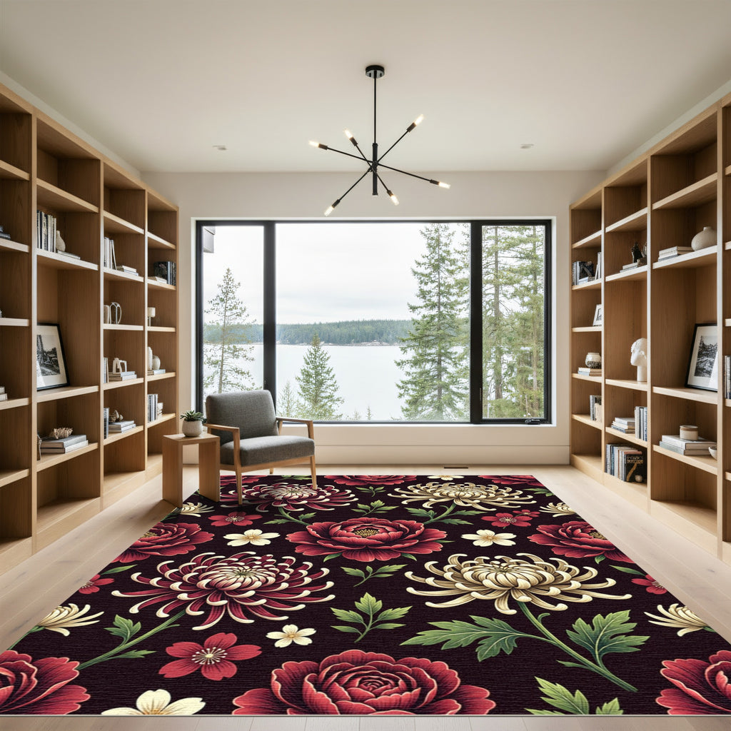 Dark Crimson Floral Chrysanthemum Botanical Arrangement Rug