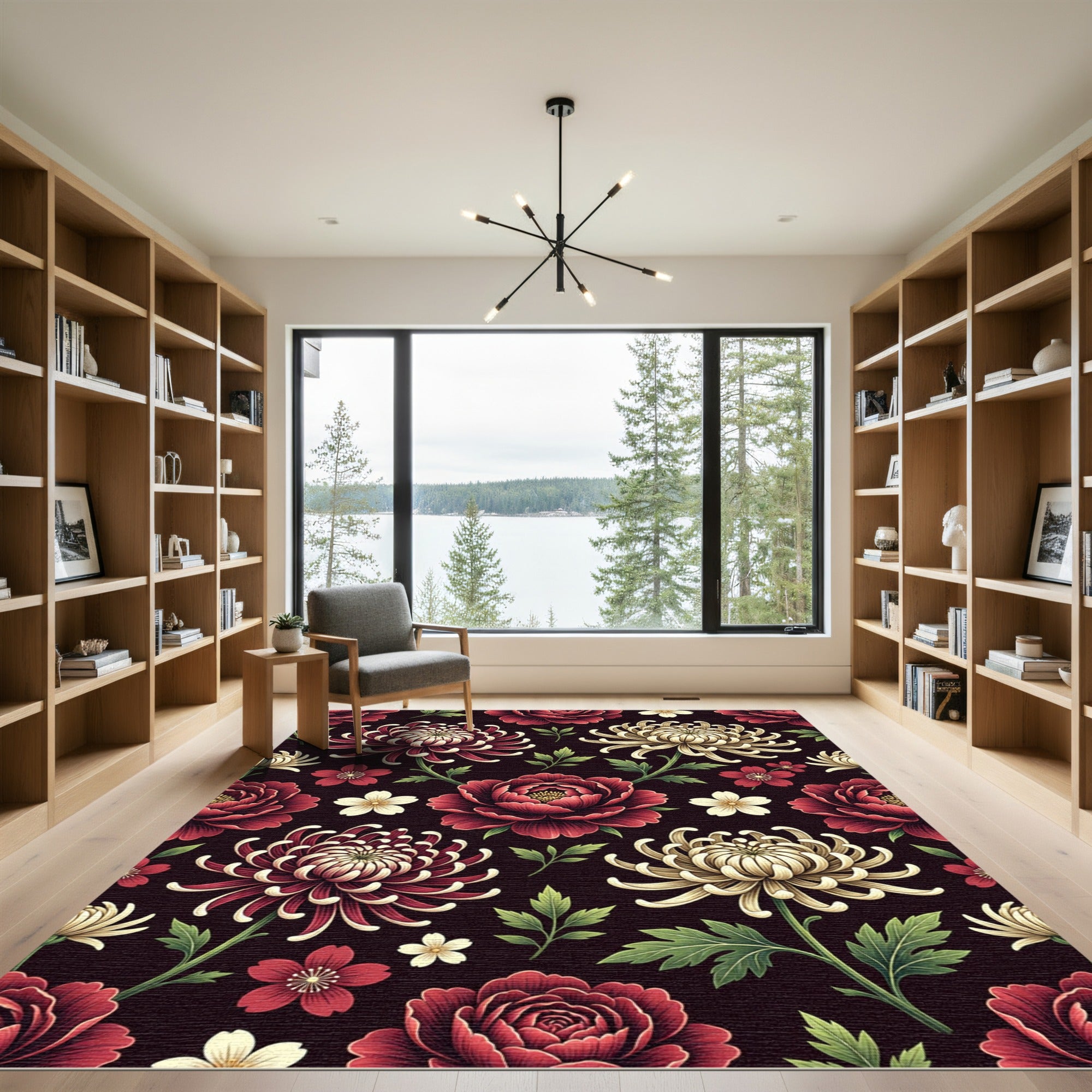 Dark Crimson Floral Chrysanthemum Botanical Arrangement Rug