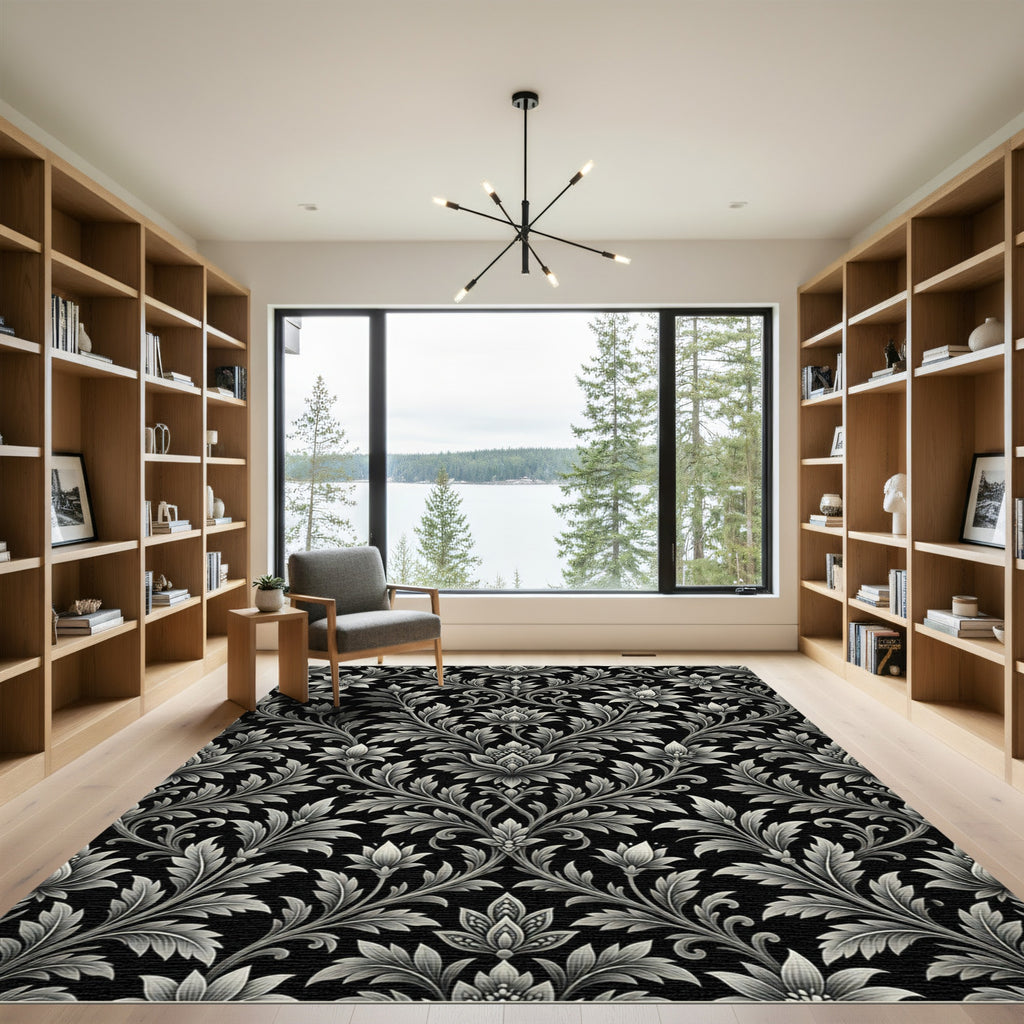 Monochrome Floral Scrollwork Damask Rug