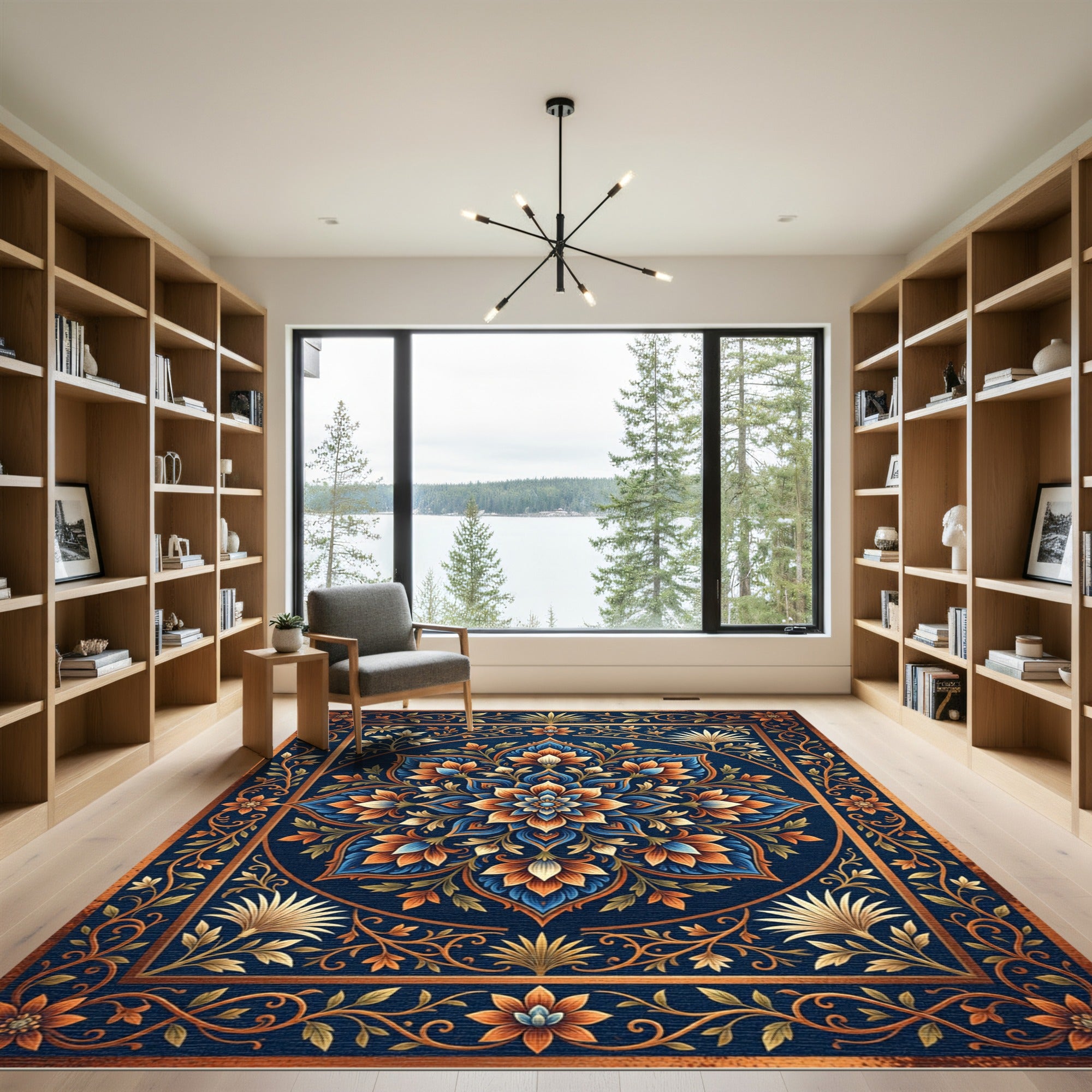 Rich Indigo Floral Medallion Scrollwork Rug