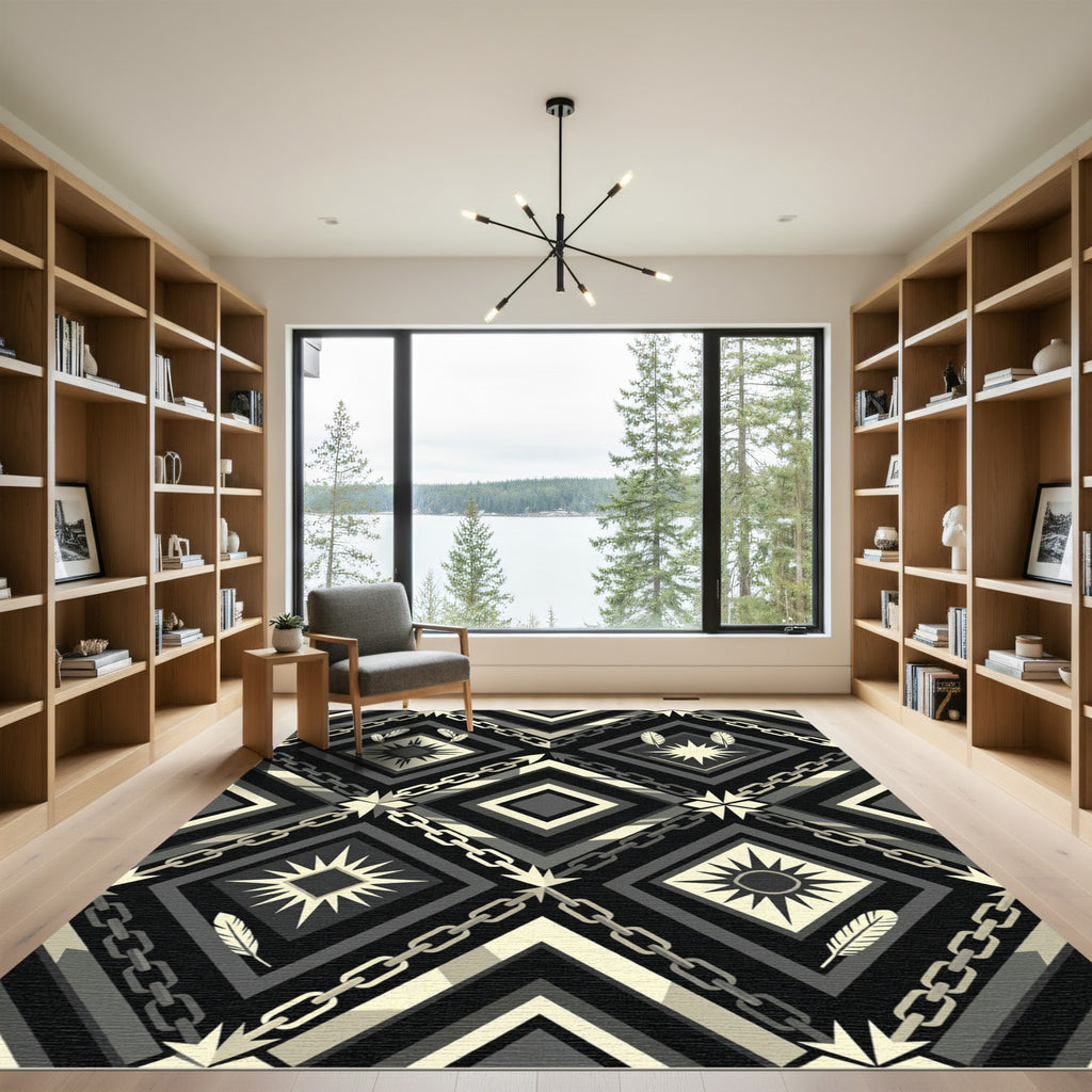 Monochrome Geometric Chain and Feather Rug
