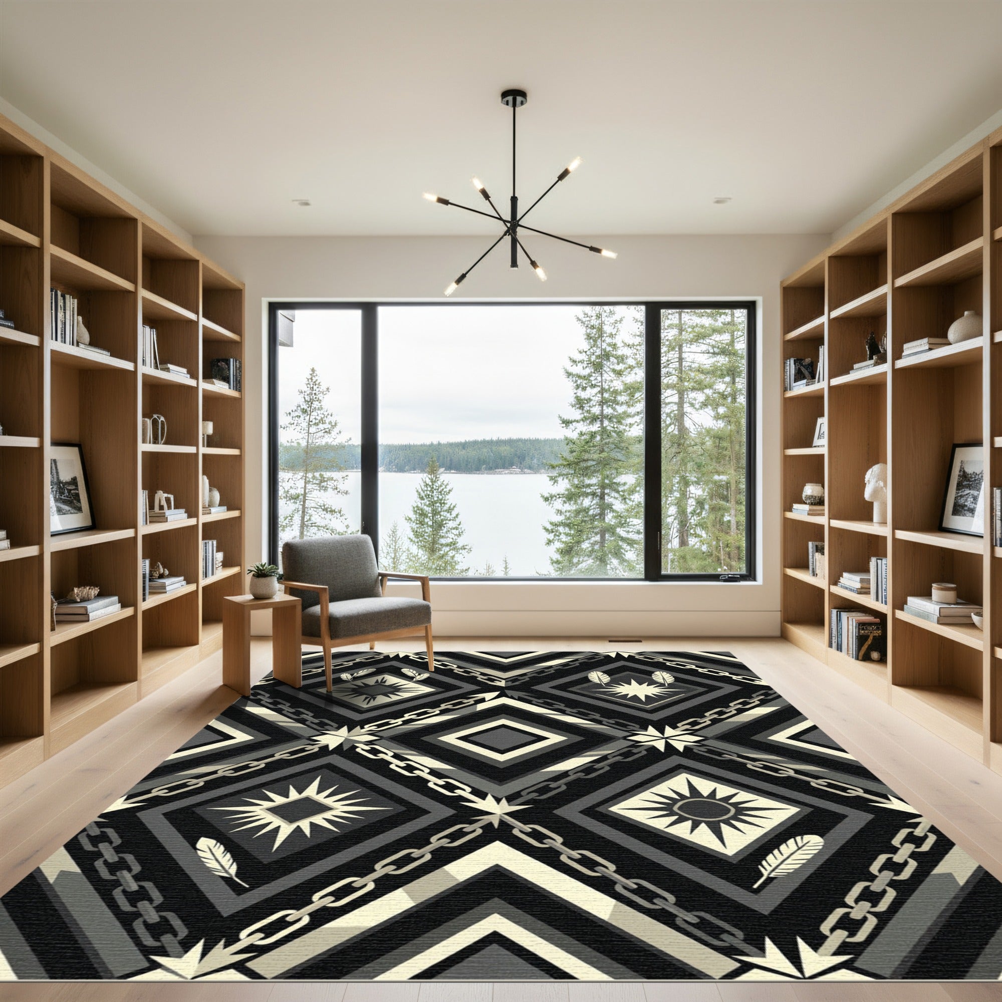 Monochrome Geometric Chain and Feather Rug