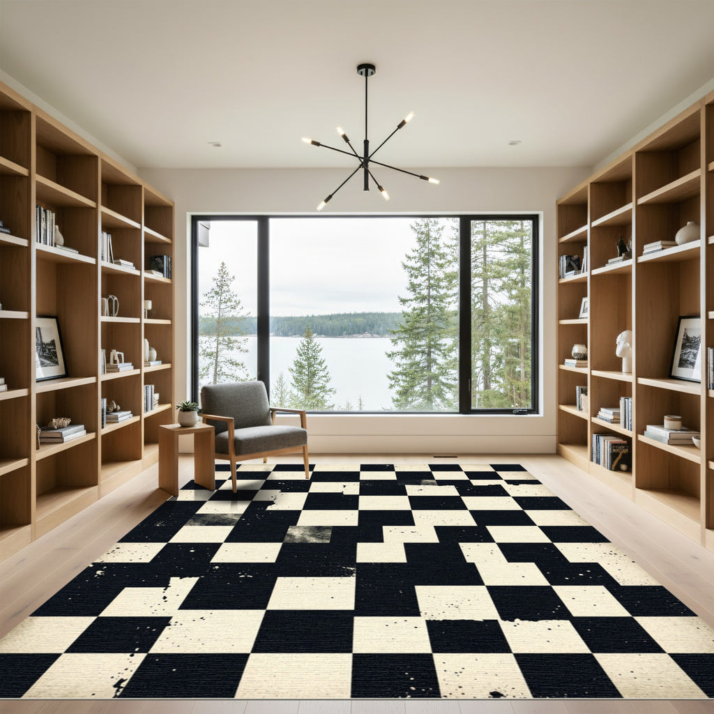 Distressed Monochrome Checkered Grid Rug