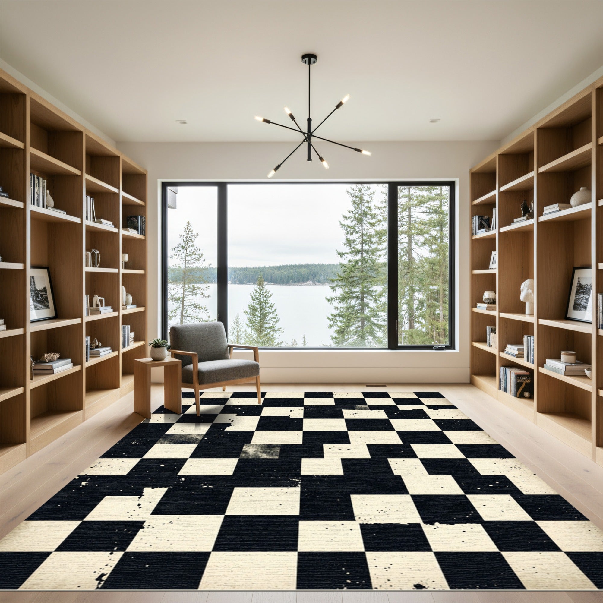Distressed Monochrome Checkered Grid Rug