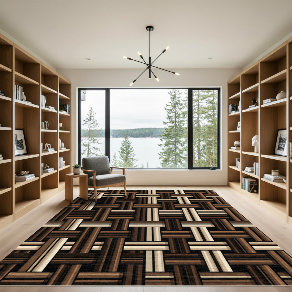 Brown Woven Stripe Grid Rug