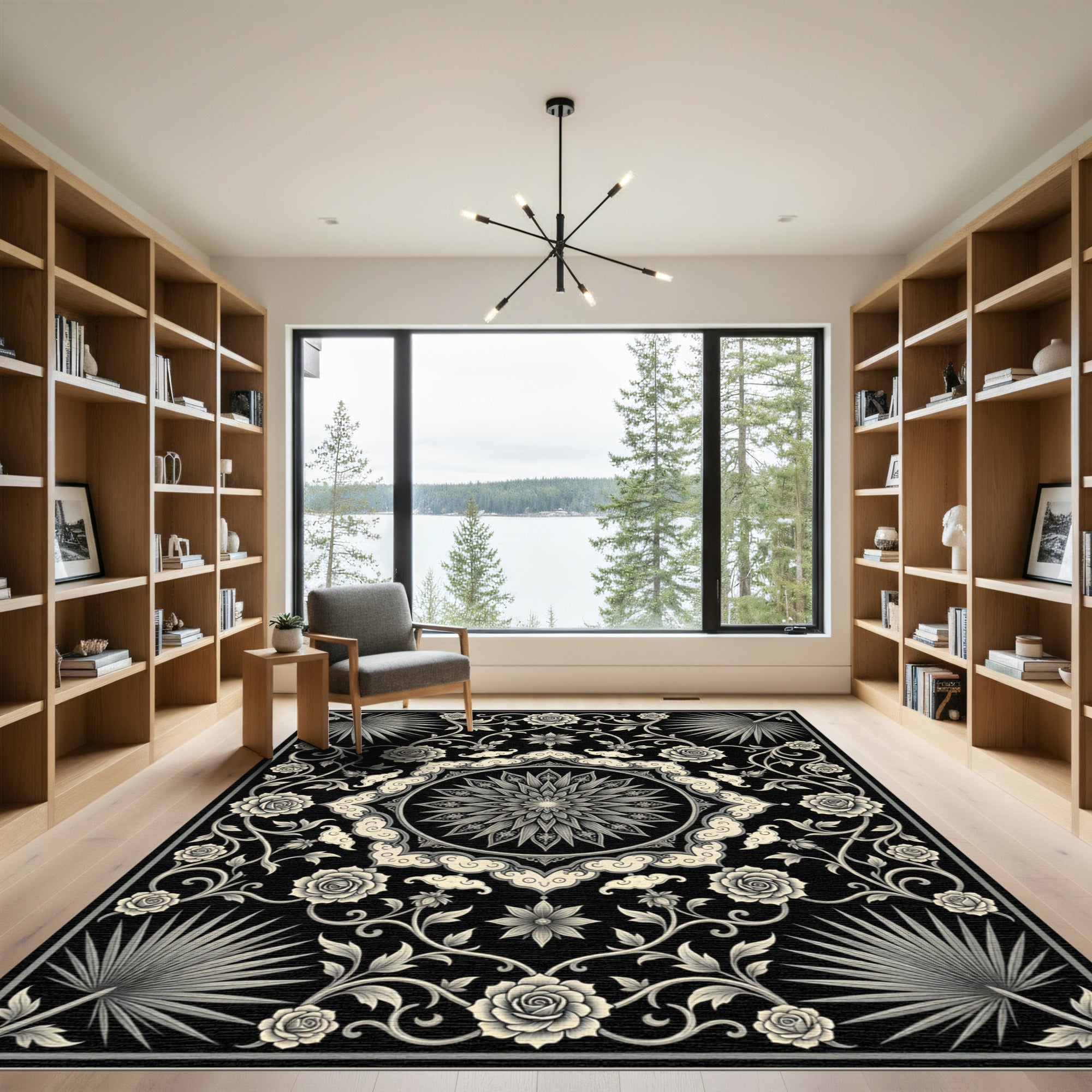 Ornate Black Cream Floral Medallion Rug