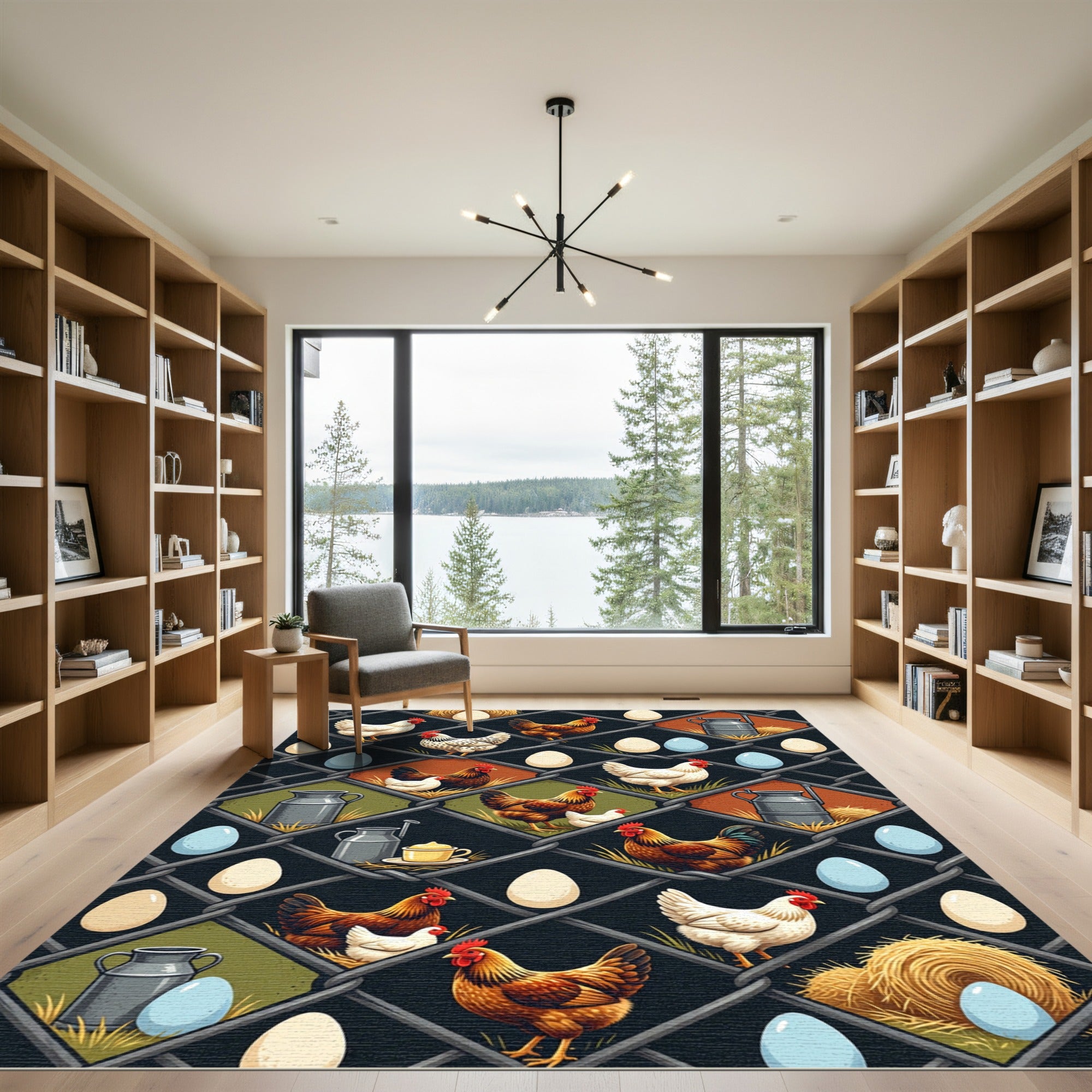 Farmhouse Rusty Chicken and Egg Grid Rug