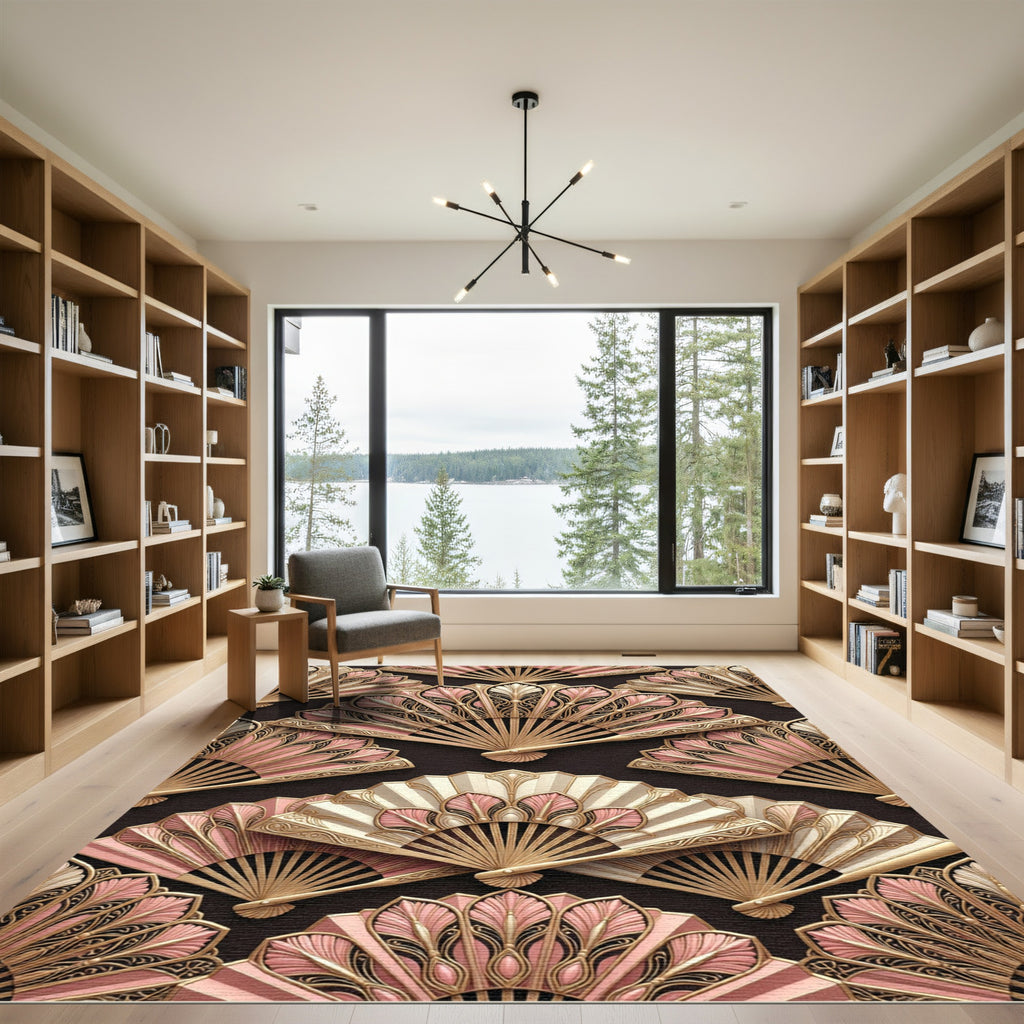 Ornate Pink Gold Fan Arrangement Rug
