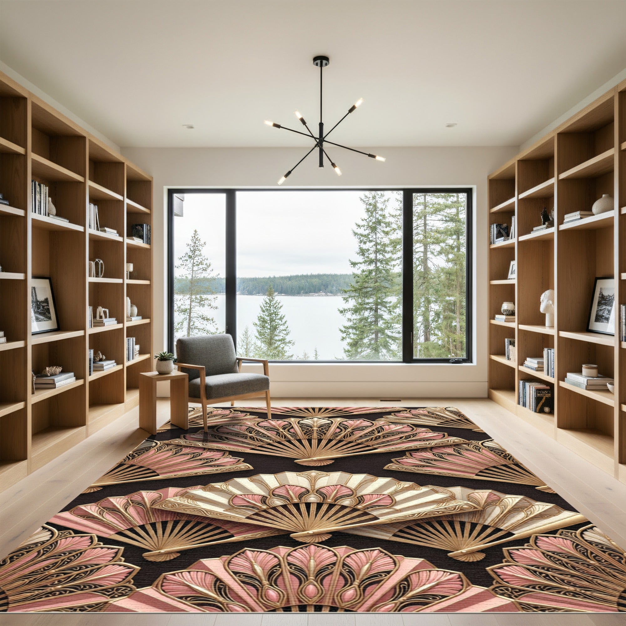 Ornate Pink Gold Fan Arrangement Rug
