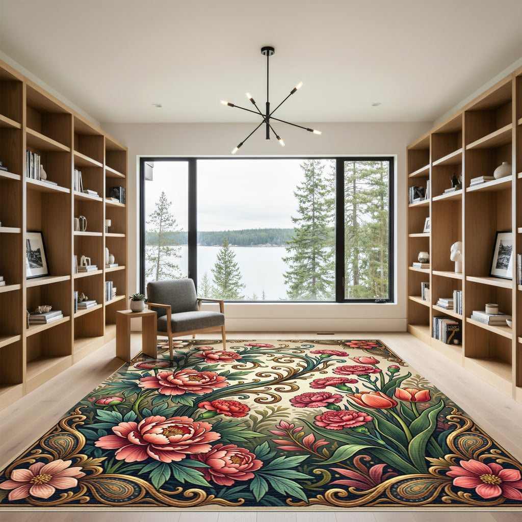 Elegant Vintage Crimson Floral Scroll Rug