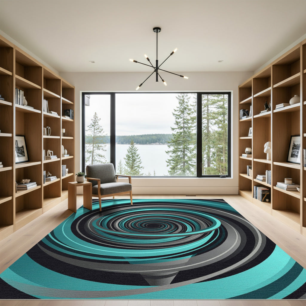 Modern Teal Gray Swirling Vortex Rug