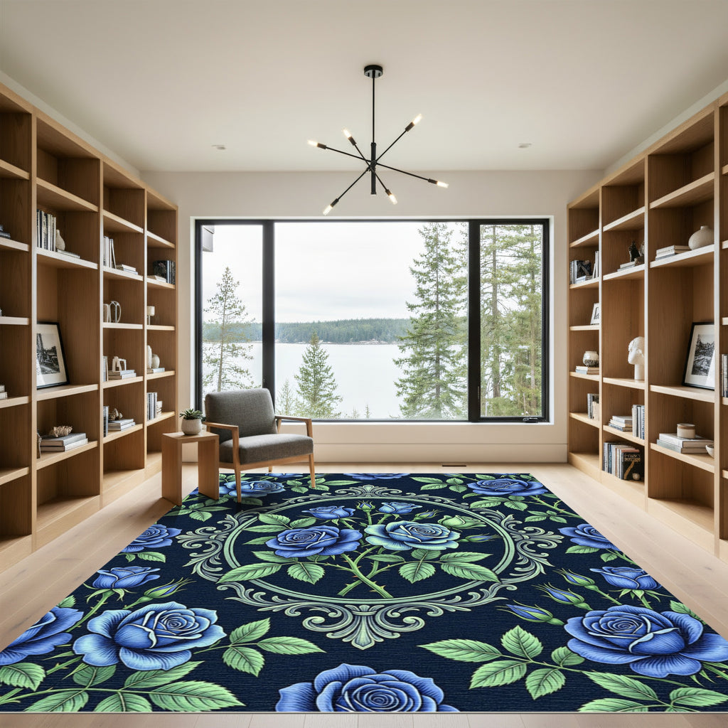 Elegant Blue Rose Ornate Oval Medallion Rug