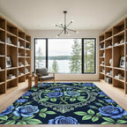Elegant Blue Rose Ornate Oval Medallion Rug