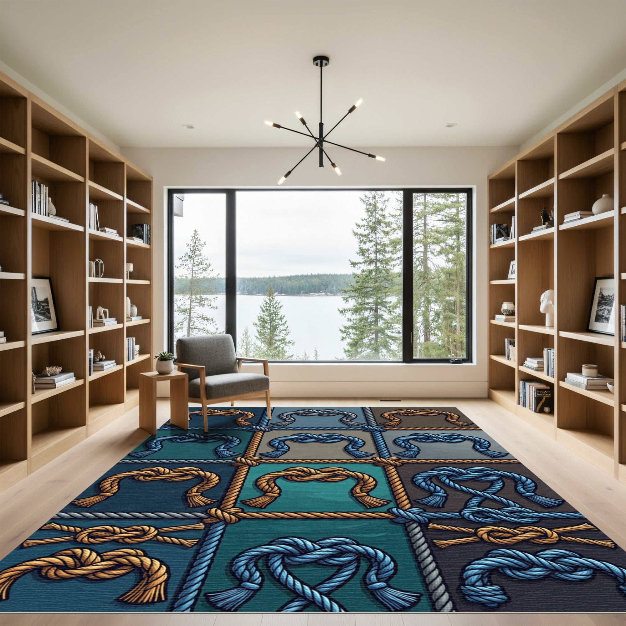 Nautical Navy and Gold Rope Grid Rug