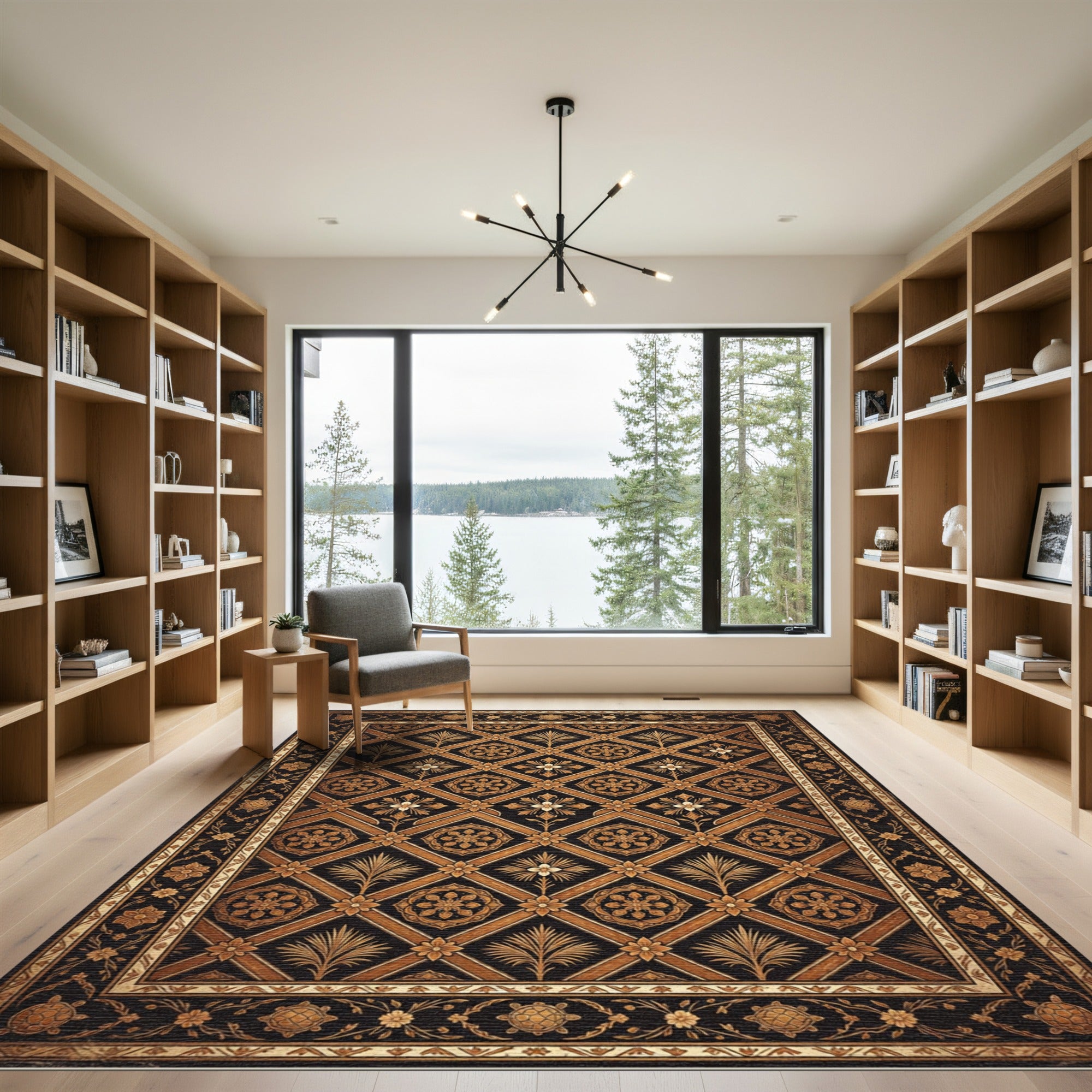 Ornate Black Gold Lattice Floral Rug