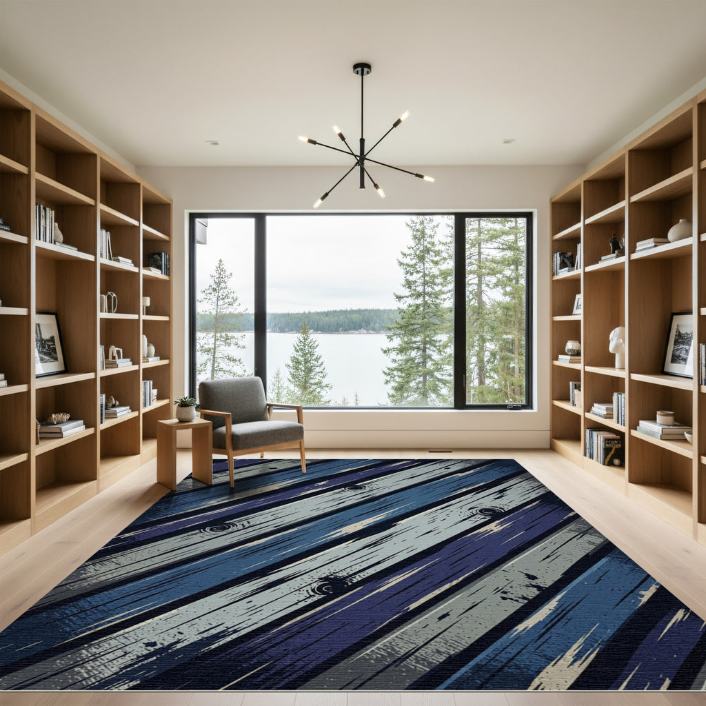 Modern Navy Indigo Diagonal Wood Plank Rug