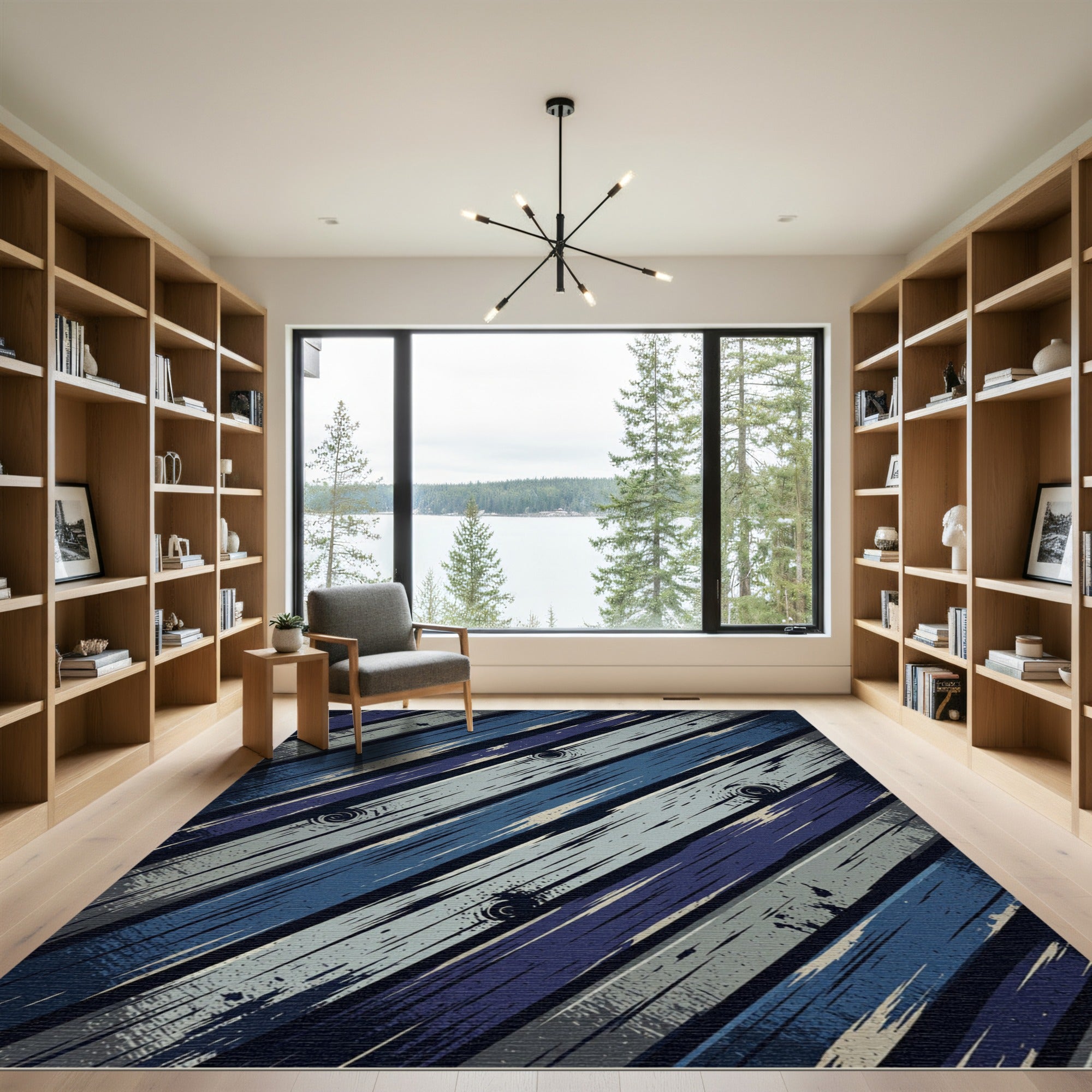 Modern Navy Indigo Diagonal Wood Plank Rug