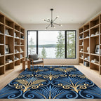 Blue Gold Art Deco Palm Leaf Rug