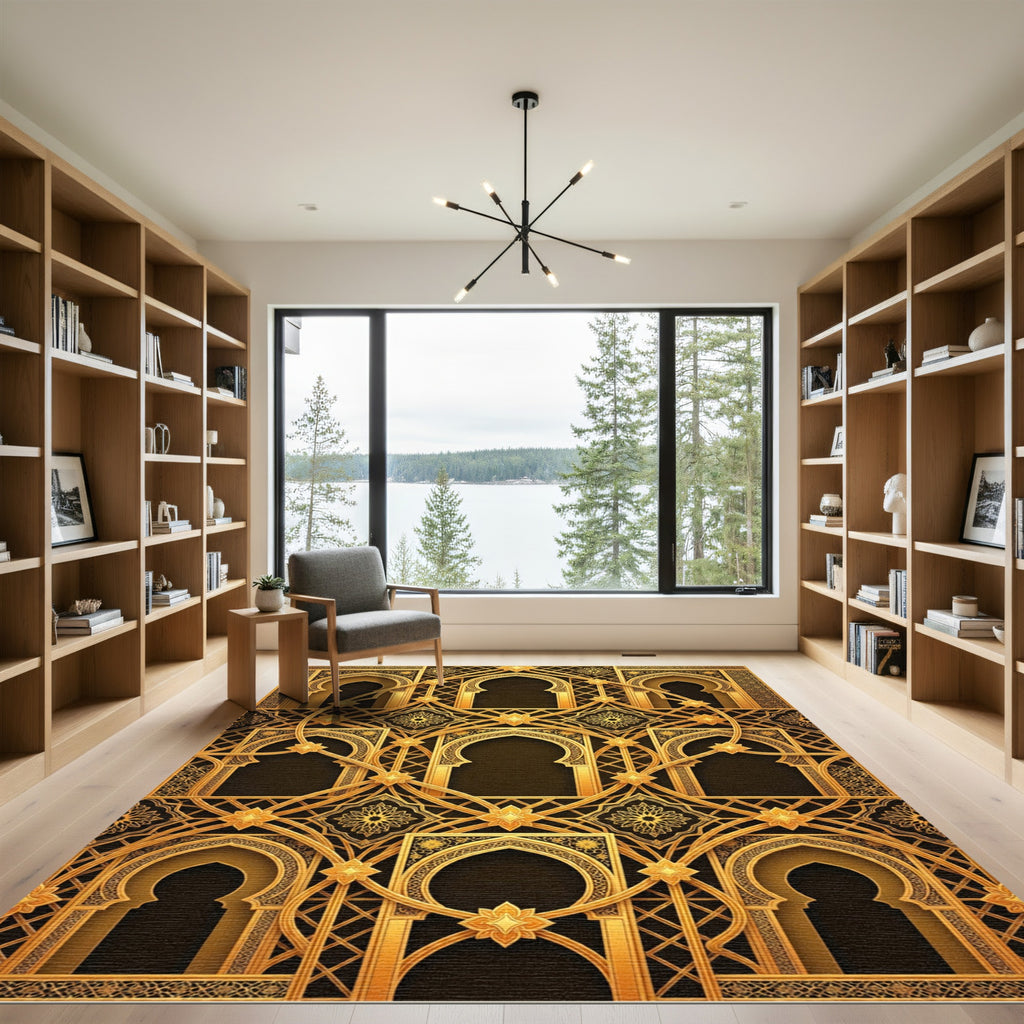 Ornate Golden Filigree Architectural Arch Rug