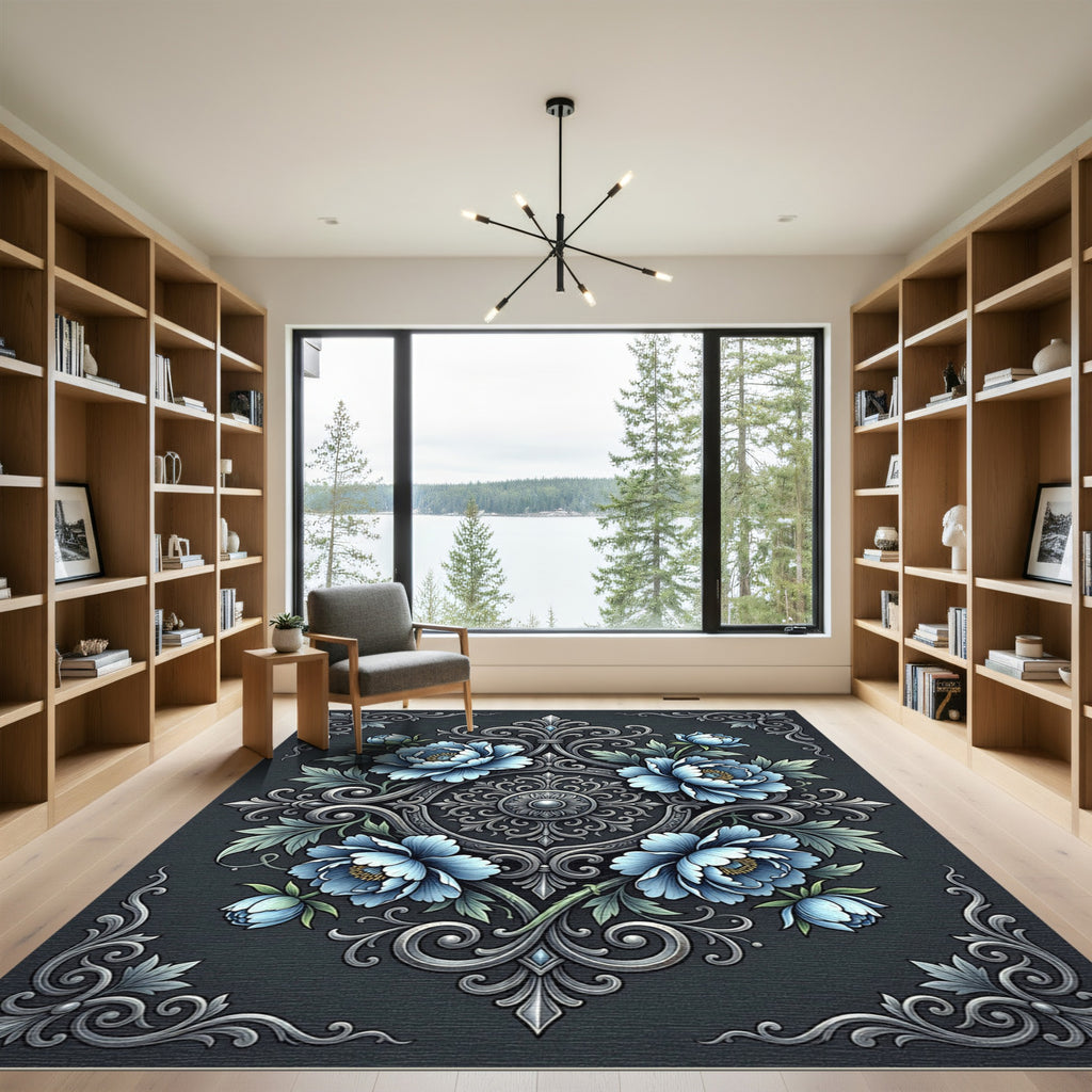 Elegant Azure Floral Damask Medallion Rug