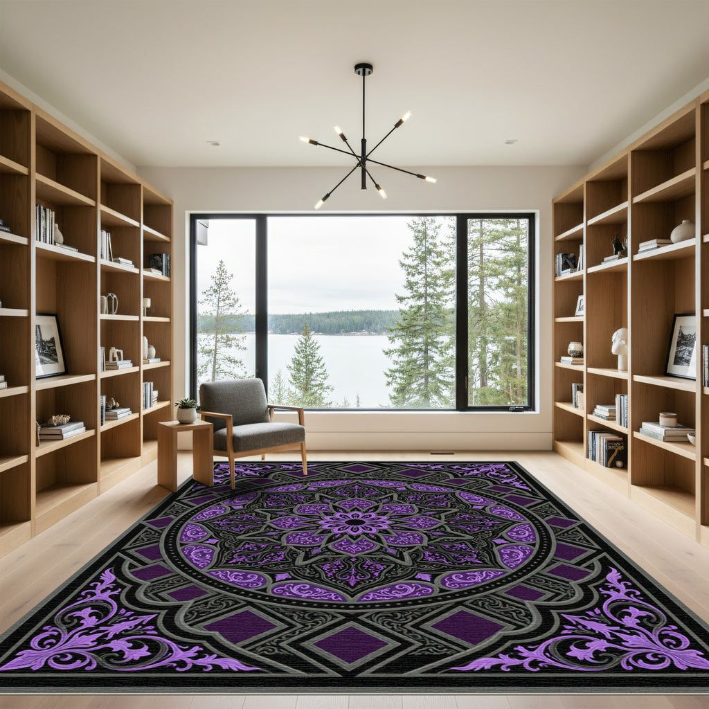 Ornate Purple Mandala Circular Damask Rug