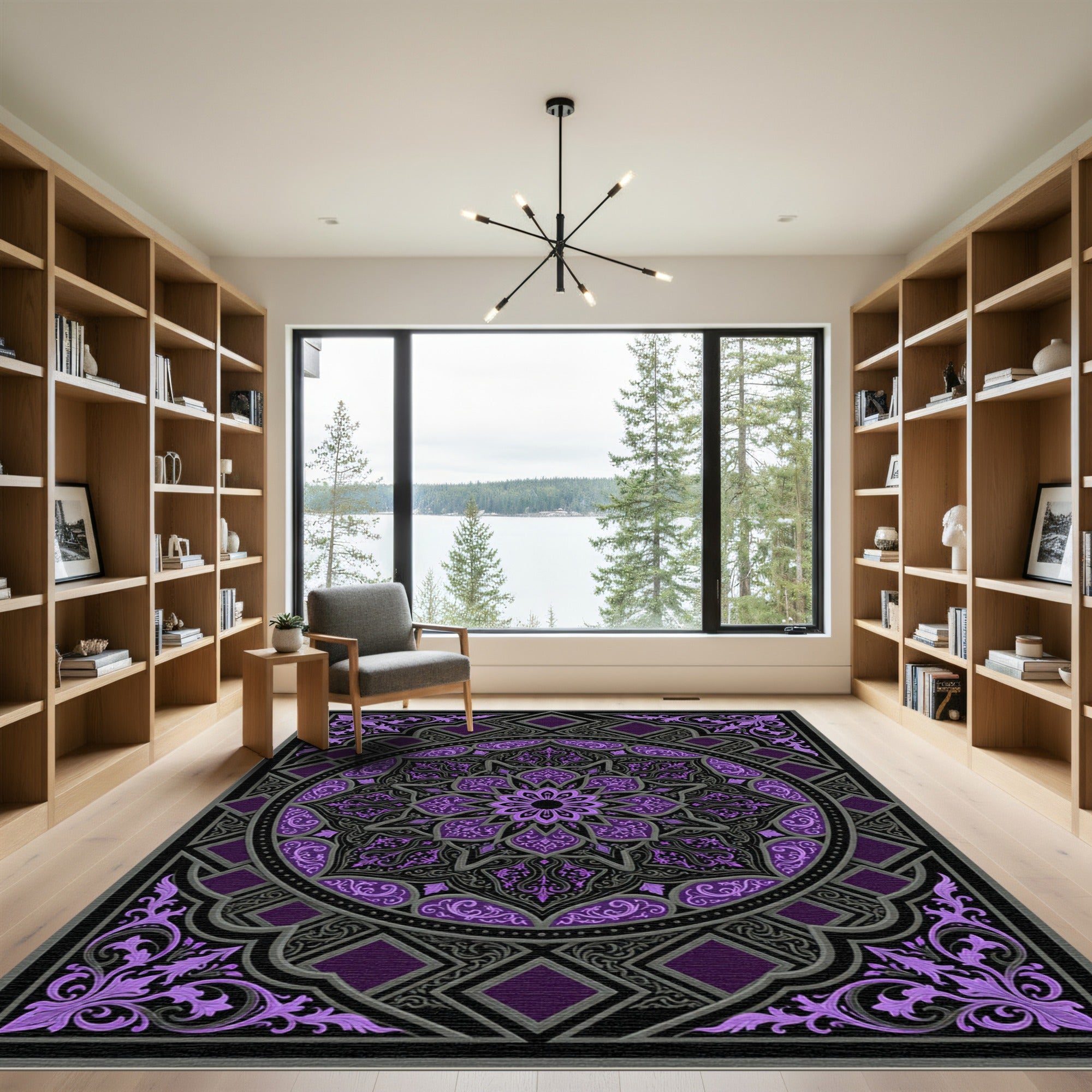 Ornate Purple Mandala Circular Damask Rug