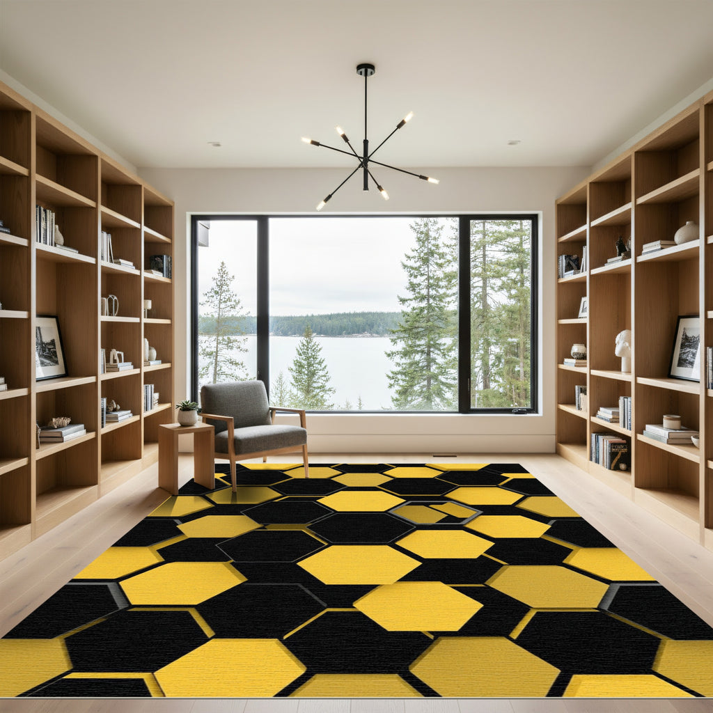 Modern Black and Yellow Geometric Honeycomb Rug