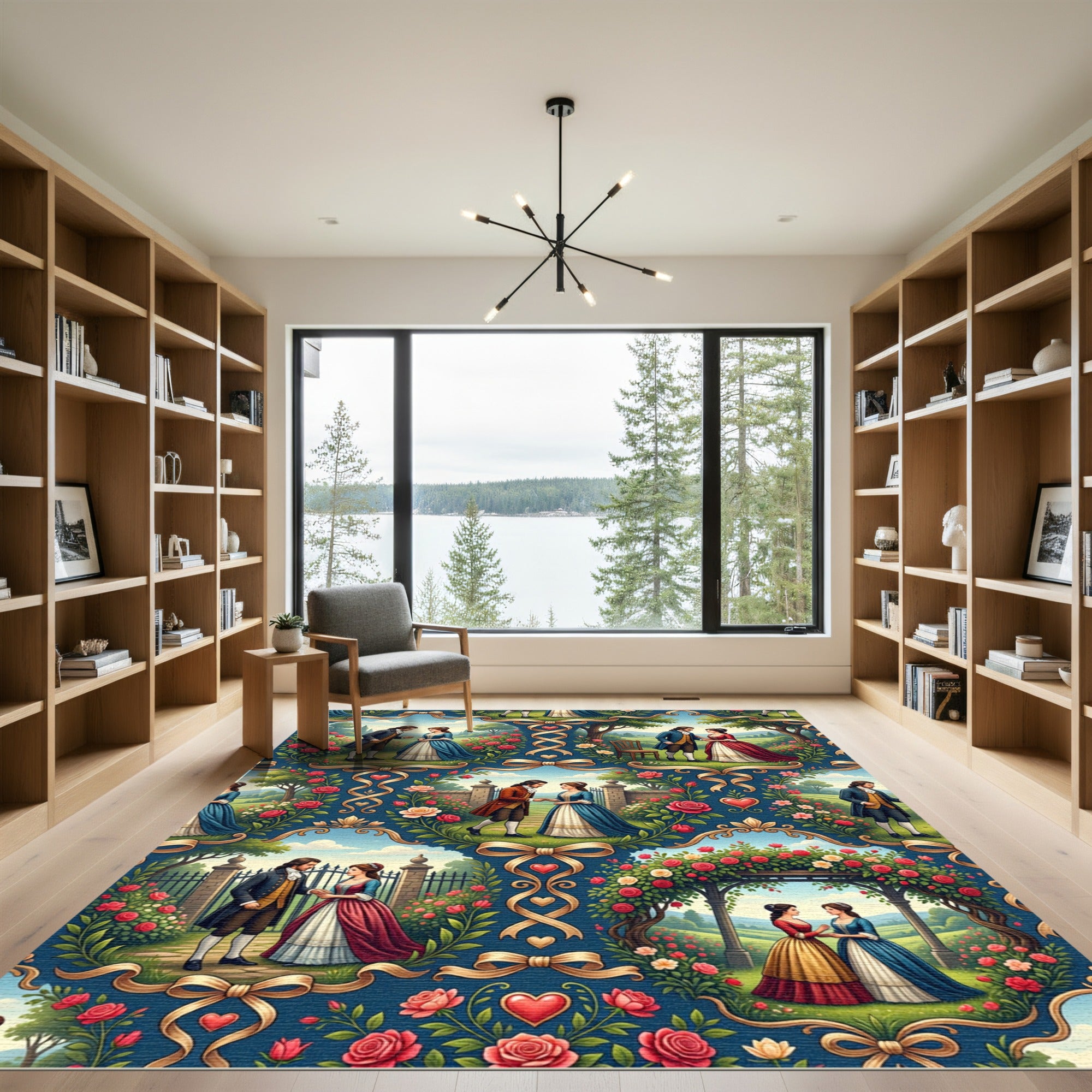 Romantic Regency Couple Floral Damask Rug