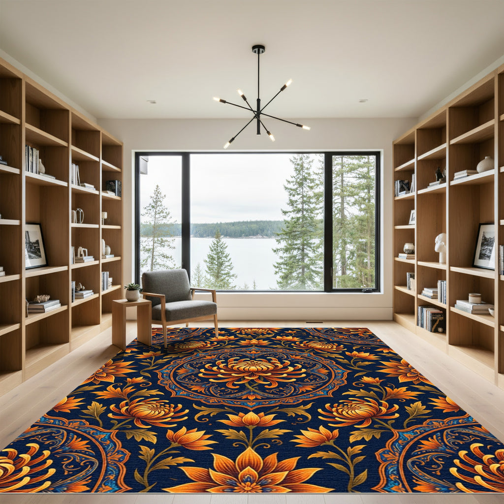 Orange Chrysanthemum Medallion Navy Rug