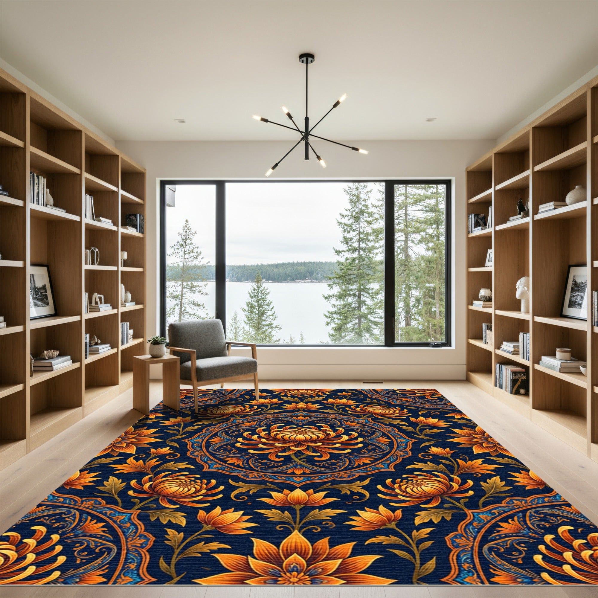 Orange Chrysanthemum Medallion Navy Rug