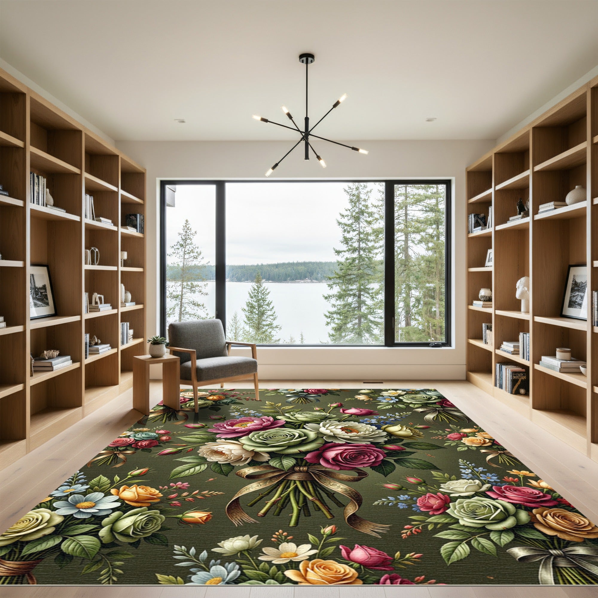 Classic Olive Green Rose Bouquet Rug