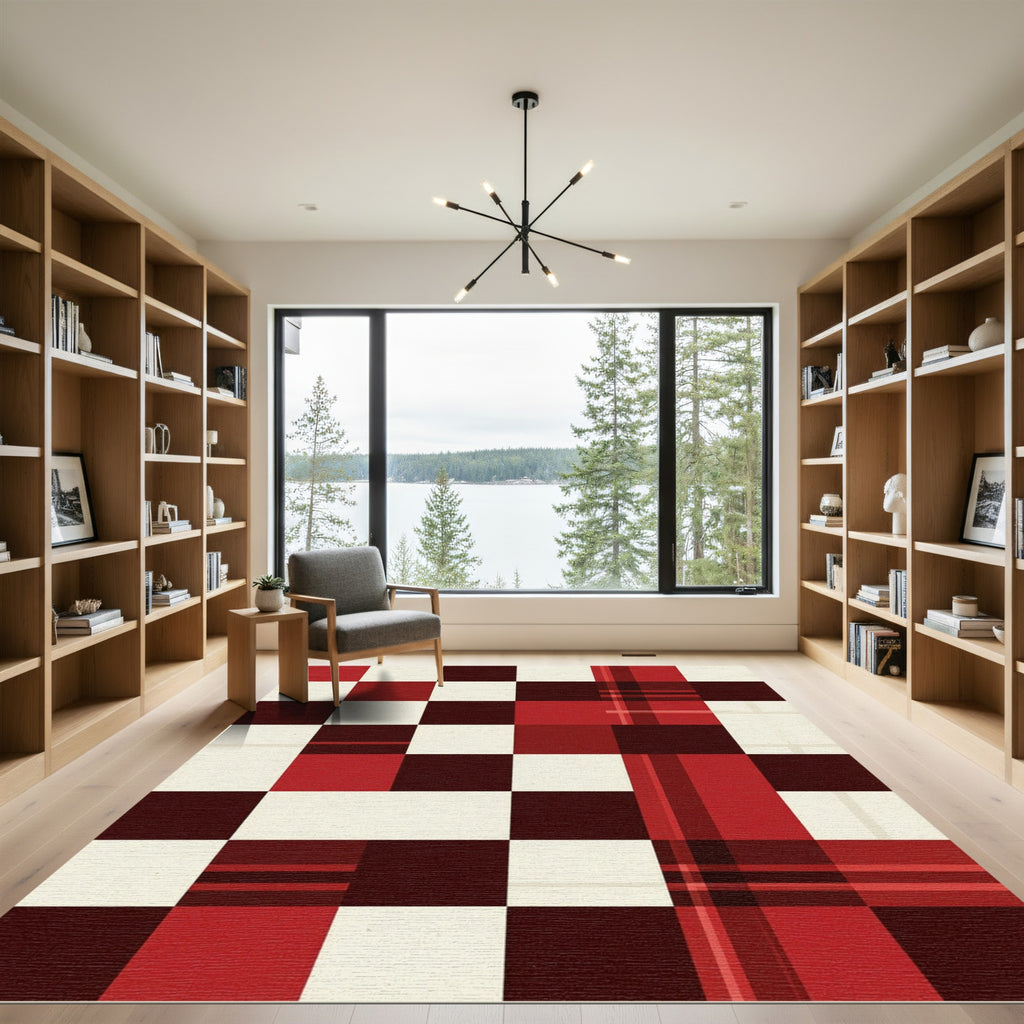 Modern Geometric Plaid Crimson Checkerboard Rug