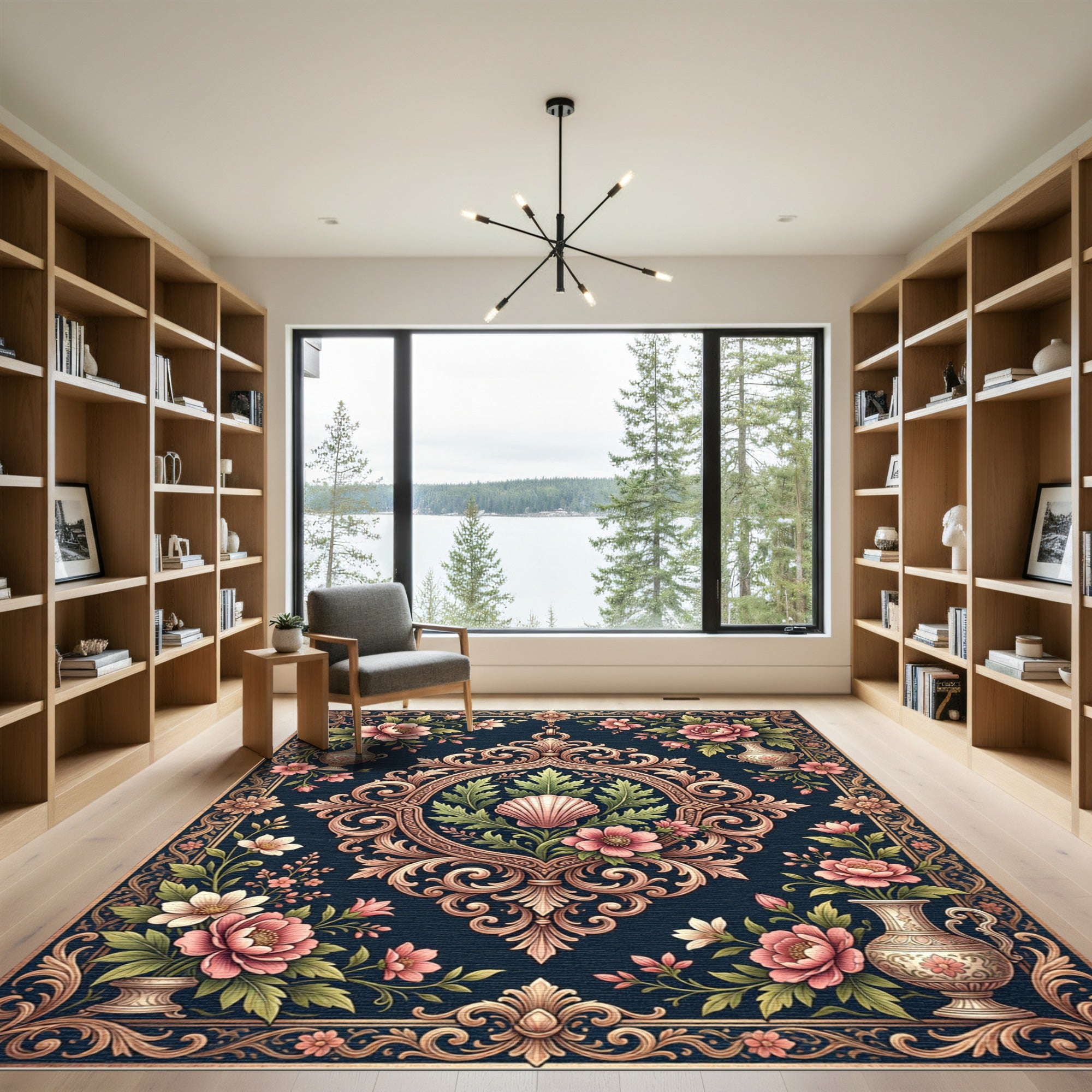 Ornate Pink Floral Damask Teal Rug