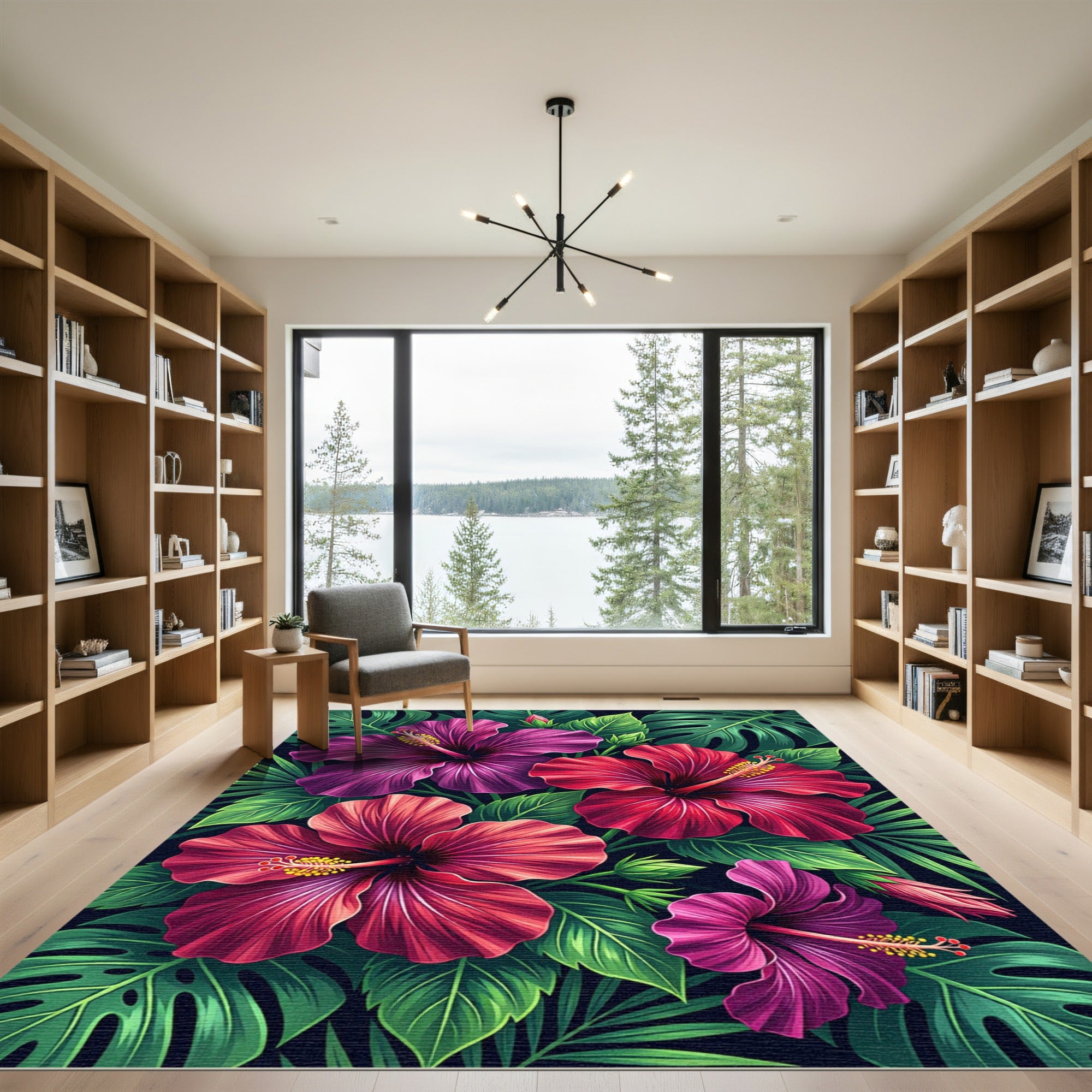 Vibrant Magenta Red Hibiscus Foliage Rug