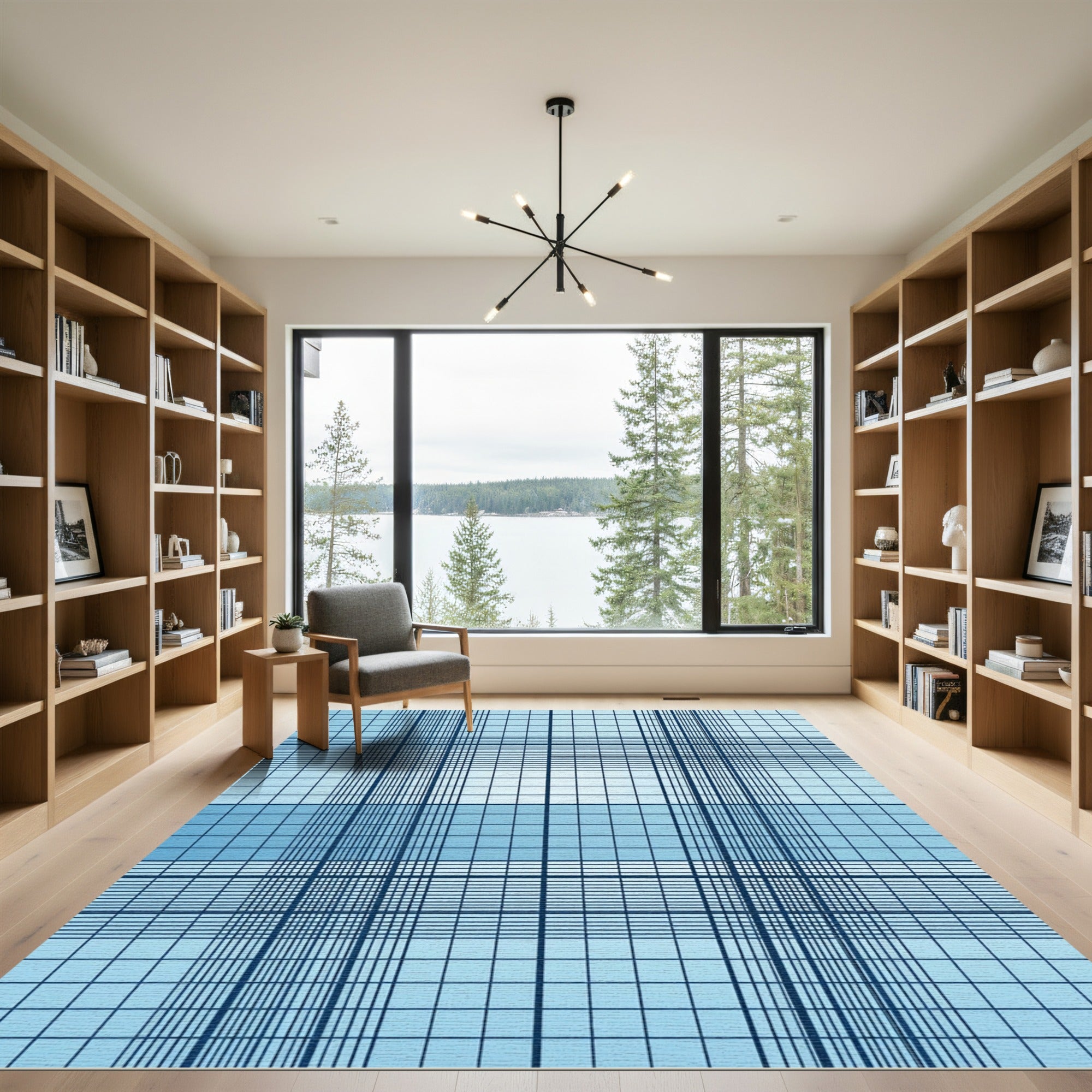 Modern Light Blue Grid Plaid Rug