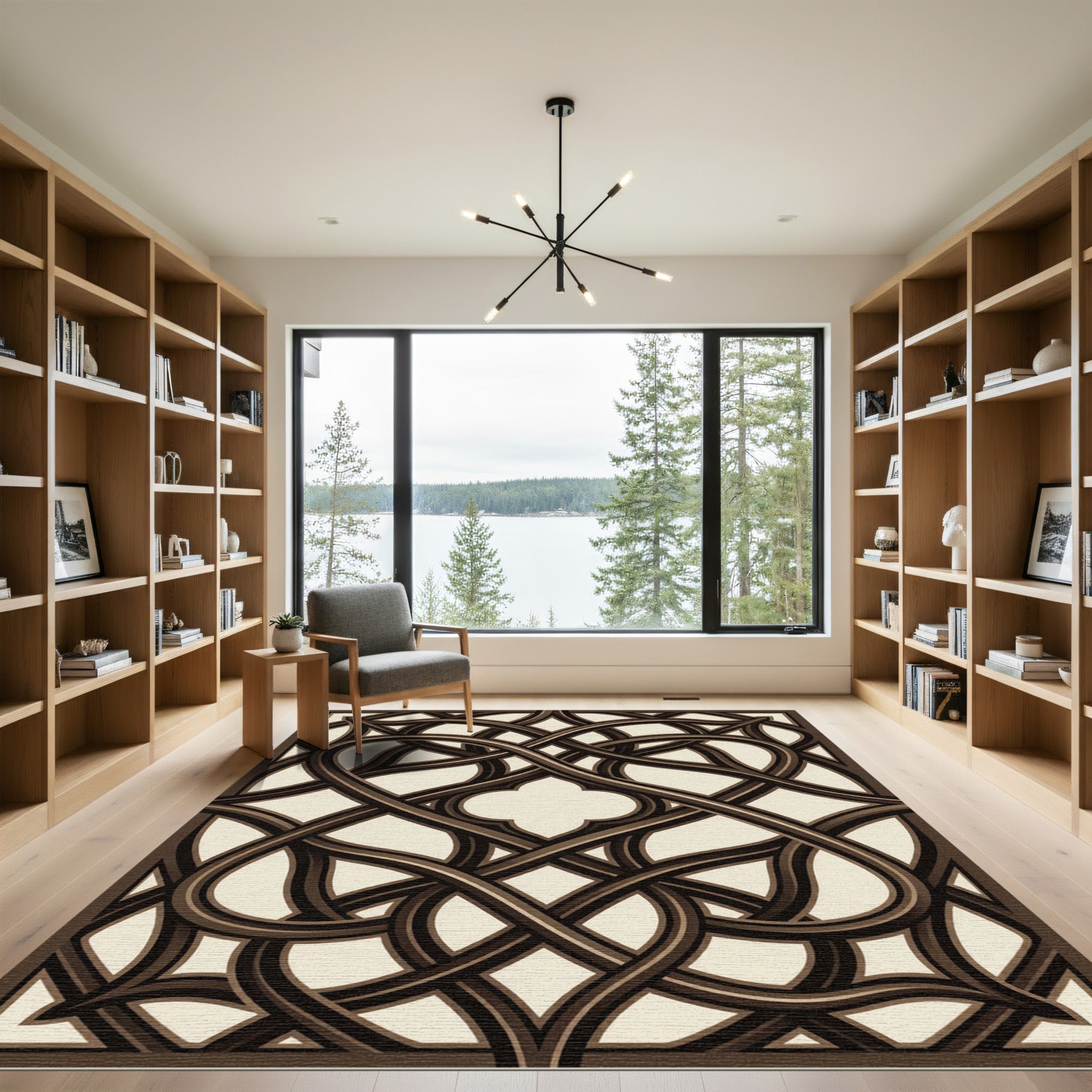 Elegant Dark Brown Interlocking Gilded Trellis Rug
